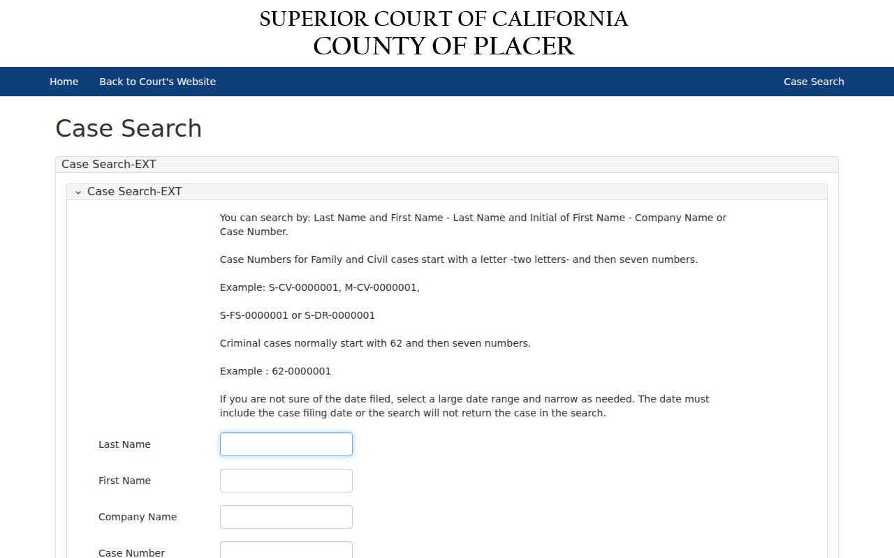Placer County people search by party name in eCourt