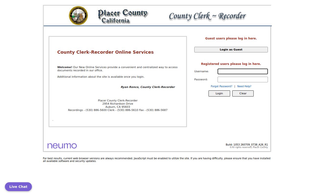 Placer County people search at the CountyFusion recorder portal