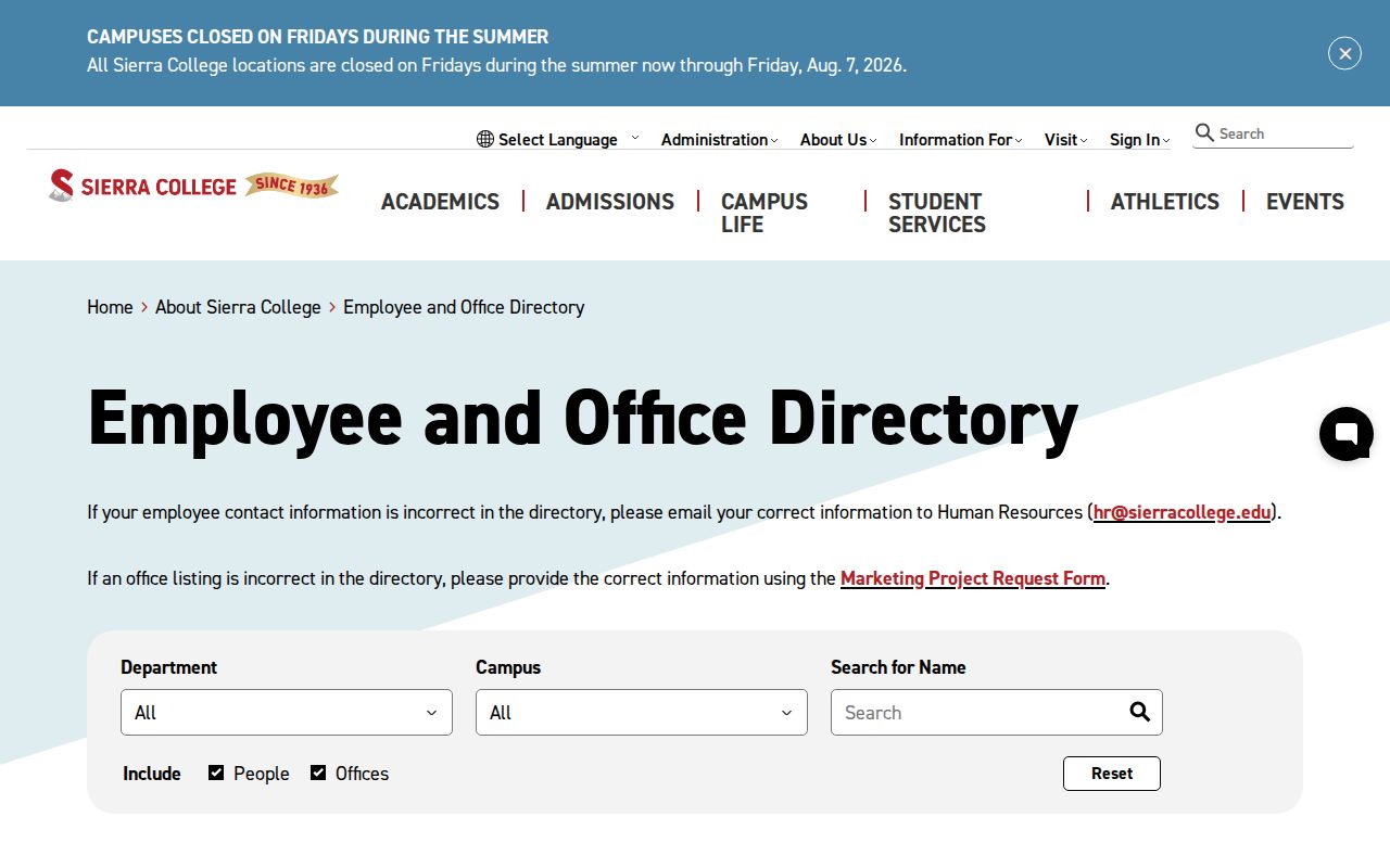 Placer County directory for Sierra College staff and offices