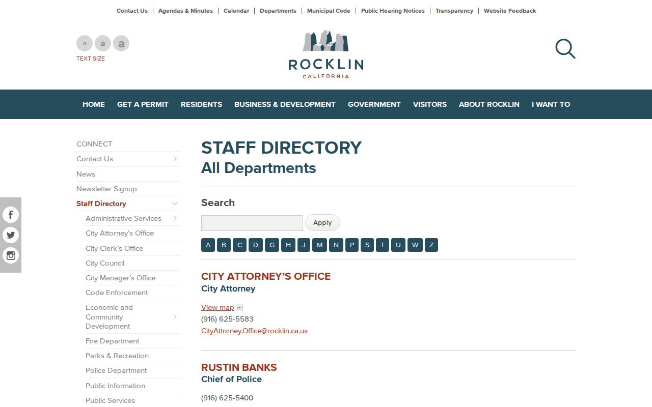 Placer County directory showing Rocklin staff profiles