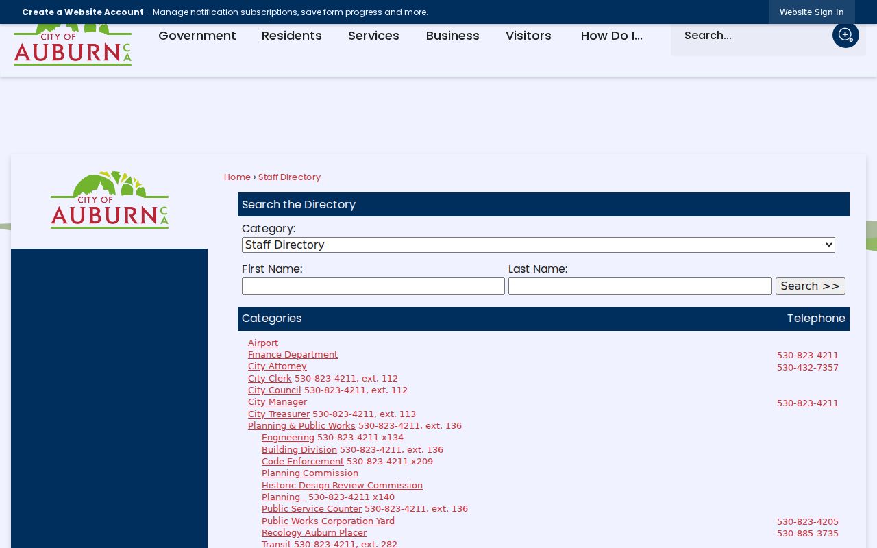 Placer County directory showing Auburn staff search