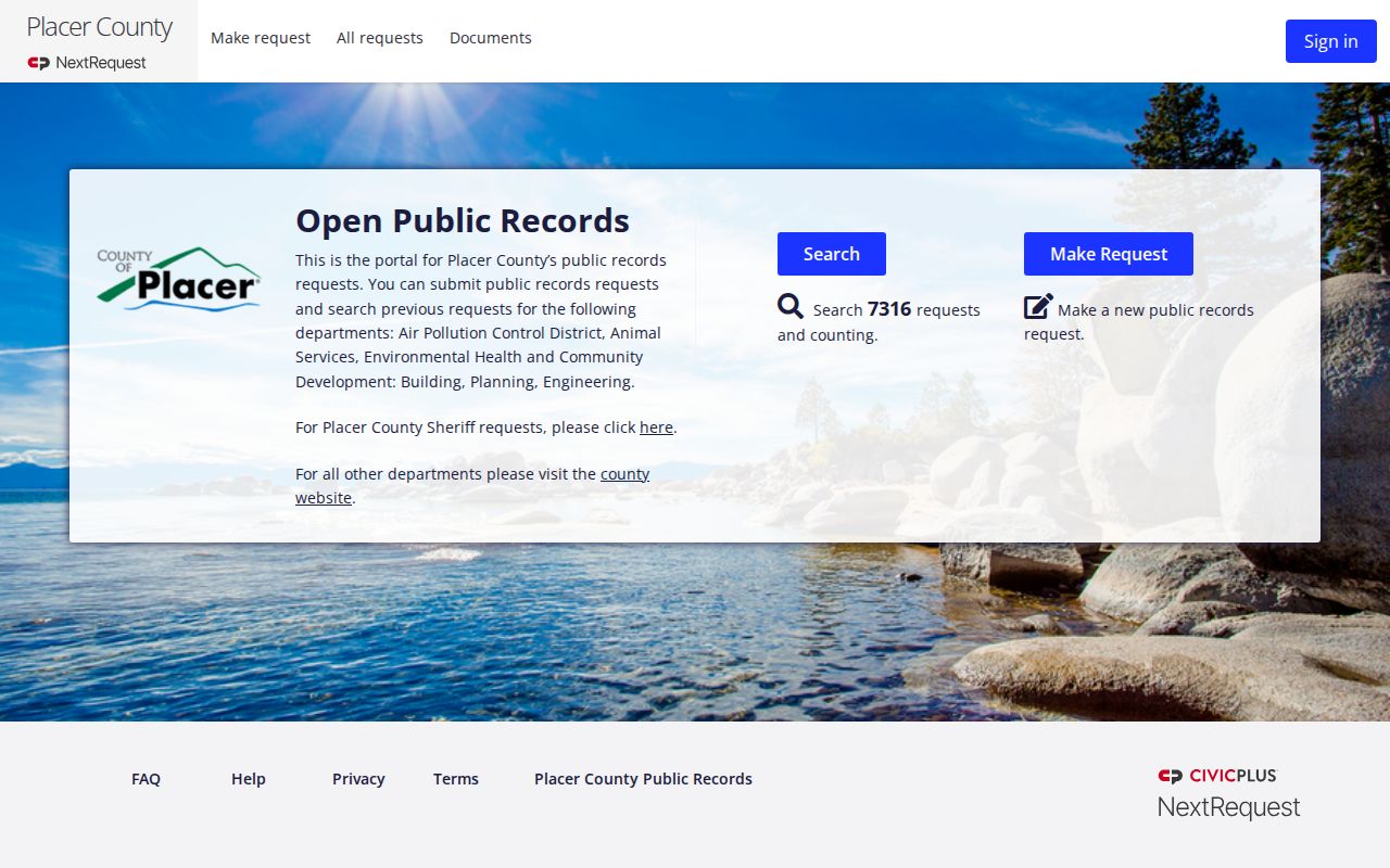 Placer County public records NextRequest portal page