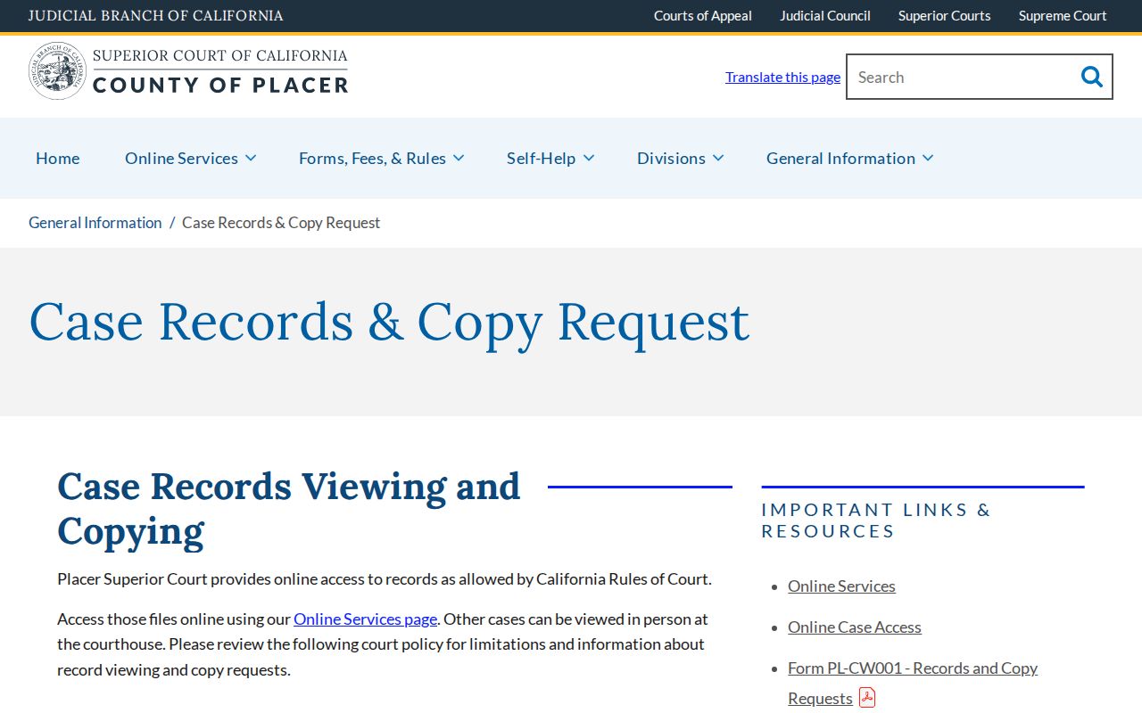 Placer County public records court copy request instructions